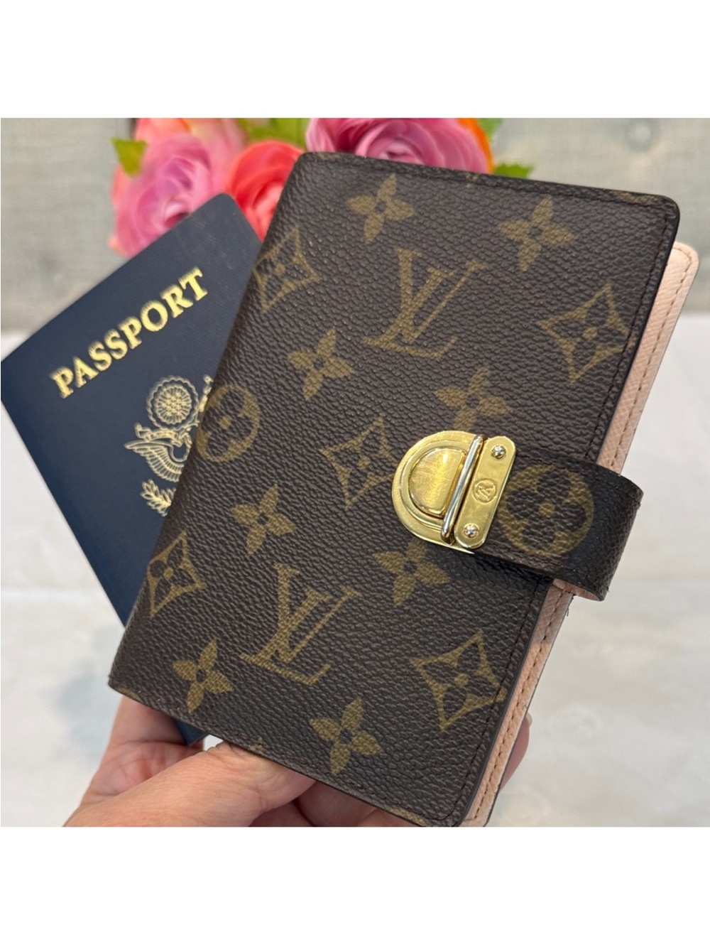 Authentic  Louis Vuitton Monogram Passport Cover with Gold Clasp - Brown/Tan